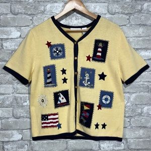 Vintage Ramie Women's Medium Knit Lighhouse Nautical Sweater Button Up Cardigan